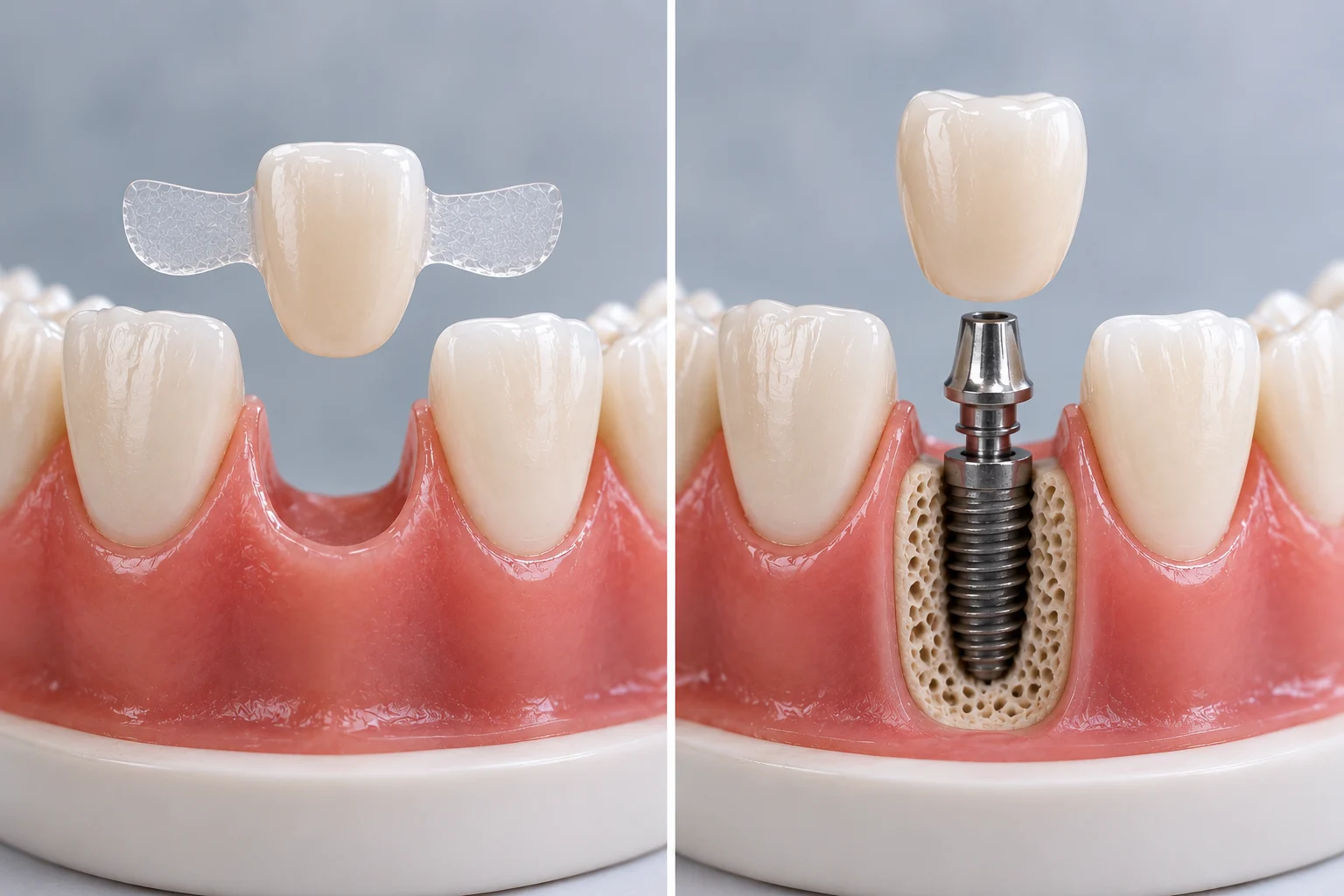 Comparaison entre un bridge dentaire collé et un implant dentaire