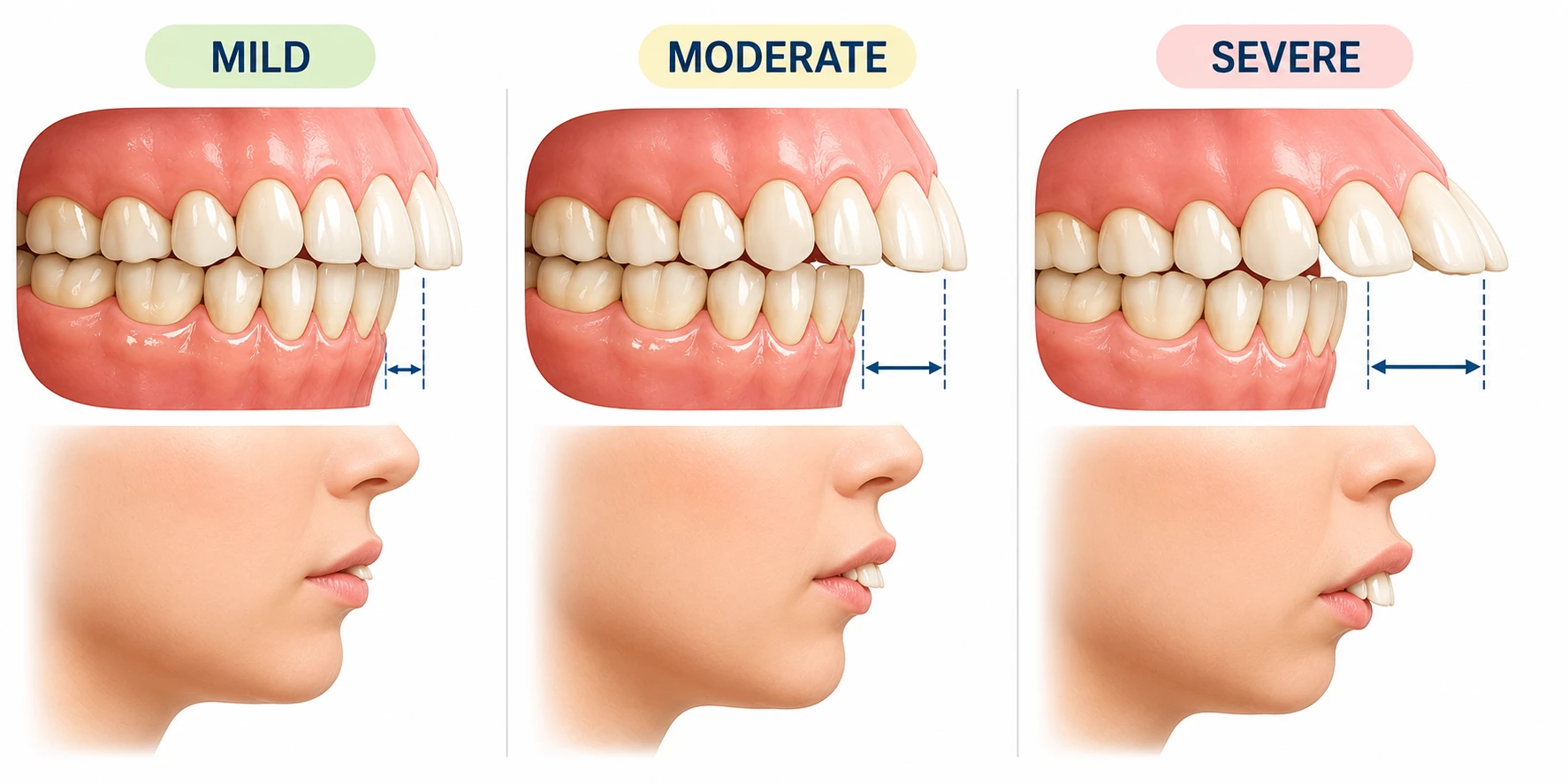 Illustration showing mild, moderate and severe buck teeth (overjet)