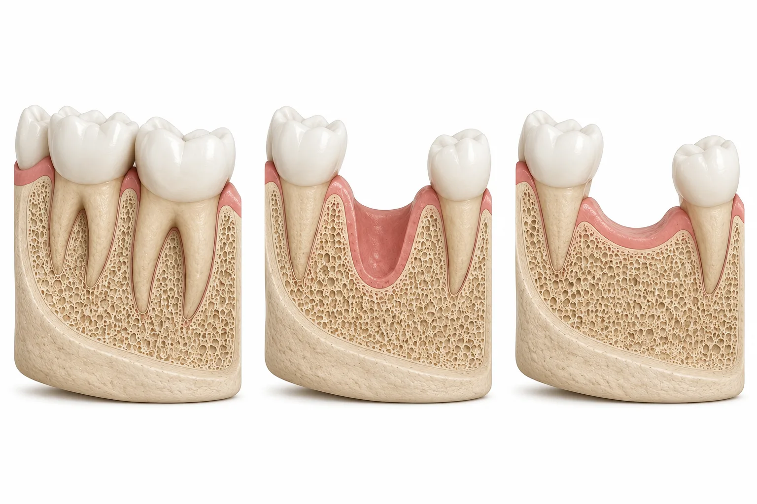 jaw bone loss before after tooth extraction ridge resorption simple illustration