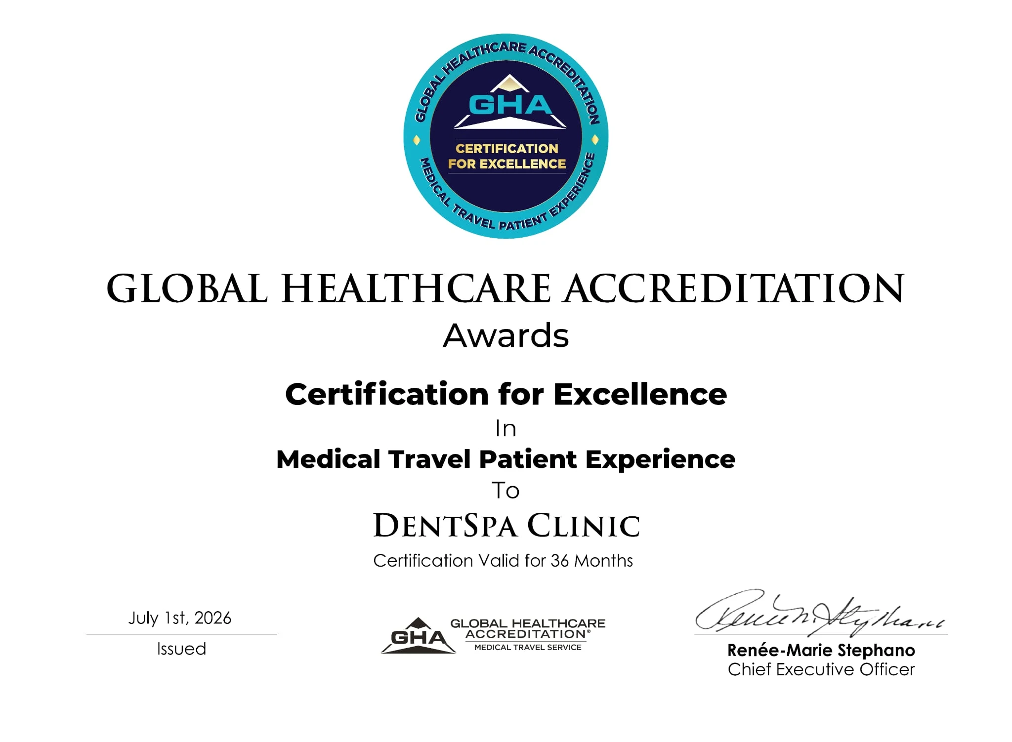 GHA certified dental clinic seal awarded to DentSpa Istanbul by Global Healthcare Accreditation
