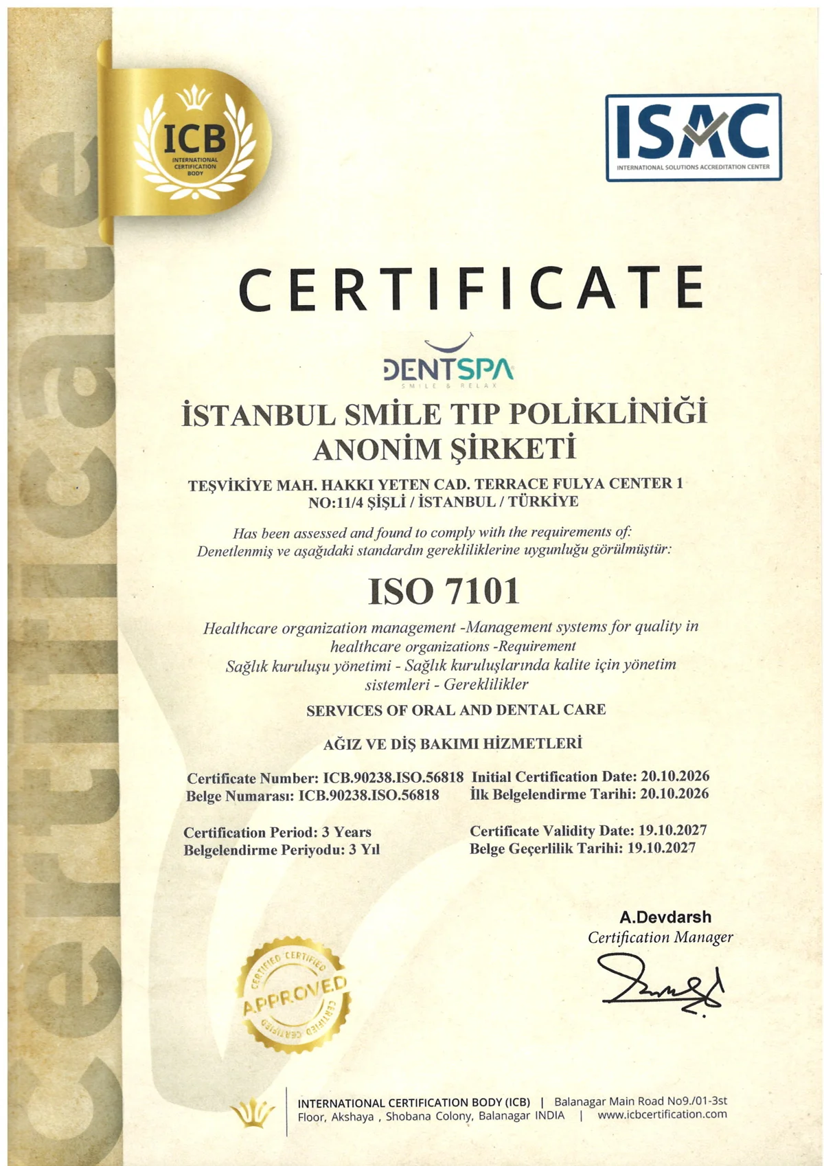 ISO 7101 healthcare quality management certificate issued to DentSpa Istanbul for oral and dental care services